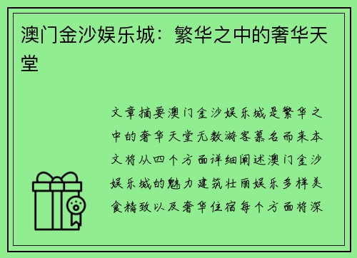 澳门金沙娱乐城：繁华之中的奢华天堂